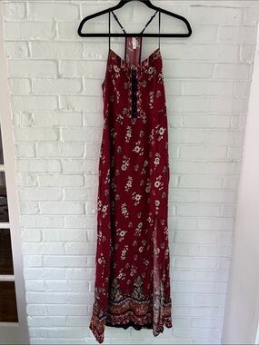 Xhilaration Burgundy Floral Maxi Dress with Spaghetti Straps